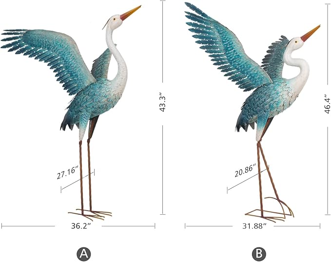 chisheen Garden Statue Outdoor Metal Heron Crane Yard Art Sculpture for Lawn Patio Backyard Decoration,46 inch (2-Pack) (White&Blue)