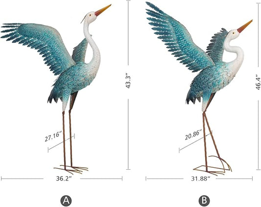chisheen Garden Statue Outdoor Metal Heron Crane Yard Art Sculpture for Lawn Patio Backyard Decoration,46 inch (2-Pack) (White&Blue)