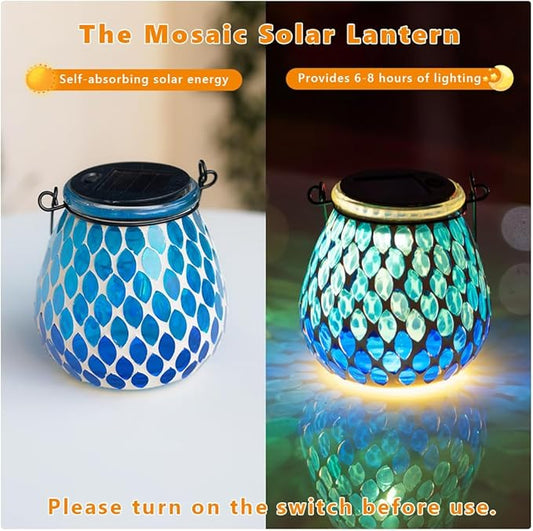 Starsoul Solar Lanterns Outdoor Waterproof, Elegant Blue Glass Mosaic Solar Lantern, Solar Hanging Lights Outside Patio Porch Yard Decor