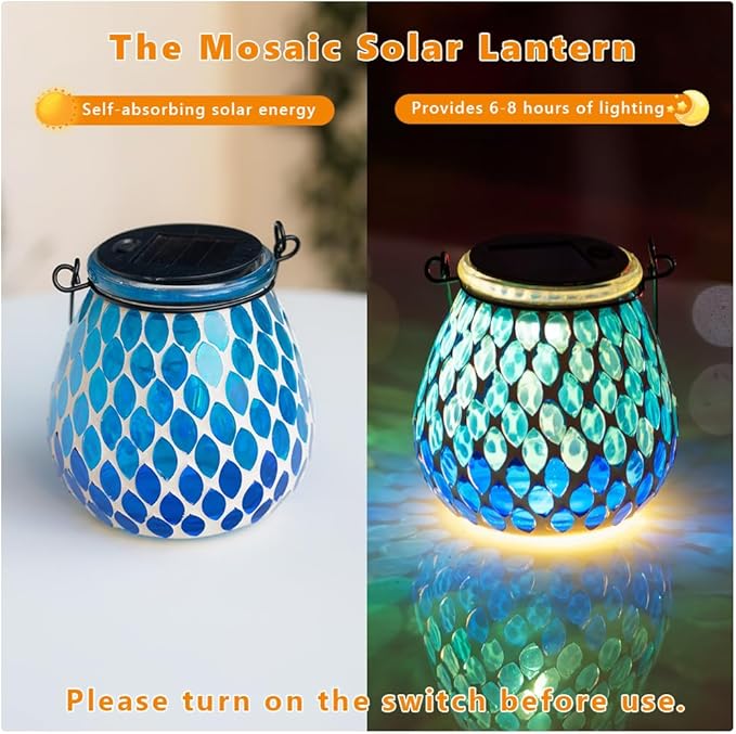 Starsoul 4 Pack Solar Lanterns Outdoor Waterproof, Elegant Blue Glass Mosaic Solar Lantern, Solar Hanging Lights Outside Patio Porch Yard Decor