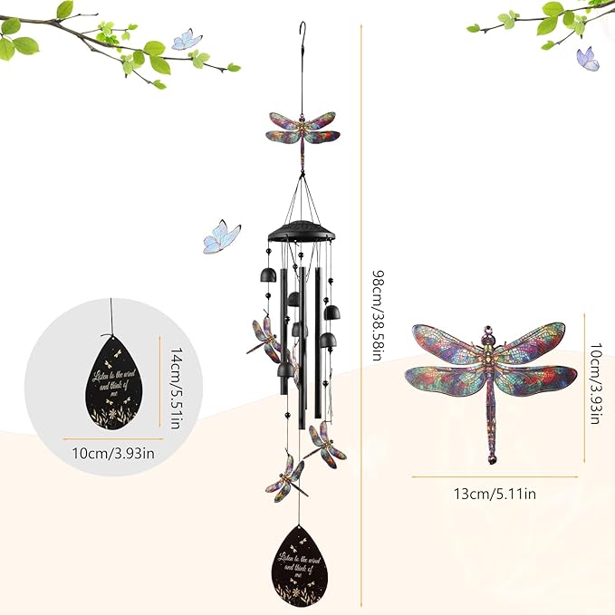 Dragonfly Wind Chime for Outside, Alloy Material Windchimes Outdoors, Fun Black Wind Chimes, for Outdoor, Garden, Yard, Patio Decoration, Gifts for Mom Neighbor Friend Unisex, Valentine's Day Gifts