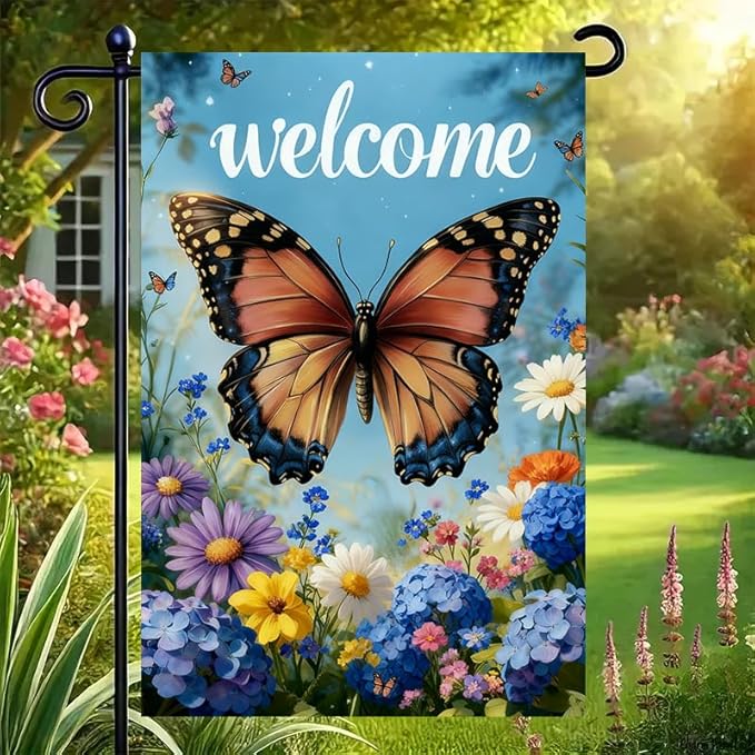 Welcome Spring Summer Garden Flag 12x18 Double Sided, Burlap Seasonal Farmhouse Rustic Butterfly Hydrangea Floral Garden Flags Spring Outdoor Decor, Small Decorative Yard Lawn Porch Flags for Outside