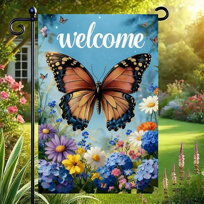 Welcome Spring Summer Garden Flag 12x18 Double Sided, Burlap Seasonal Farmhouse Rustic Butterfly Hydrangea Floral Garden Flags Spring Outdoor Decor, Small Decorative Yard Lawn Porch Flags for Outside