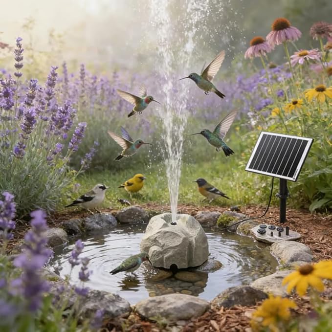 Realistic Granite Rock Solar Bird Bath Fountain, Exquisite Solar Fountain for Bird Bath, Solar Powered Water Fountain with 10 Nozzles, for Garden, Pond, Bird Baths (Gray)