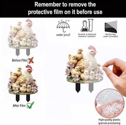 Garden Stake Decor, Acrylic 2D Flat Animal Statue, Fairy Sculptures Ornament Indoor Outdoor Yard Lawn Pot Plant Decorative Accessories (Hens and Chicks)