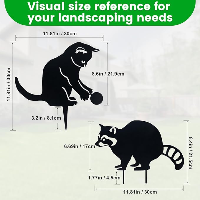 Decorative Garden Stakes, Animal Silhouette Set of 2-12 Inch Rust-Resistant Metal Cat & Raccoon Decor for Outdoor Yard and Lawn
