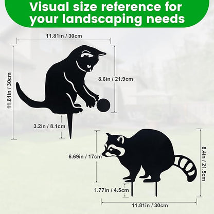 Decorative Garden Stakes, Animal Silhouette Set of 2-12 Inch Rust-Resistant Metal Cat & Raccoon Decor for Outdoor Yard and Lawn