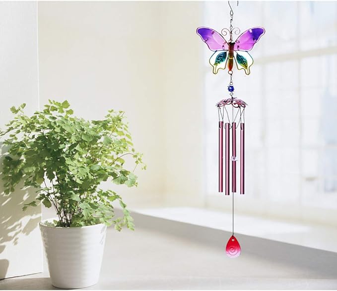 Evealyn Outdoor Butterfly Wind Chimes, Indoor Handing Stained Glass Metal Music Beautiful Wind Chimes for Home, Balcony,Window, Garden, Yard, Patio, Lawn Decoration (Purple)