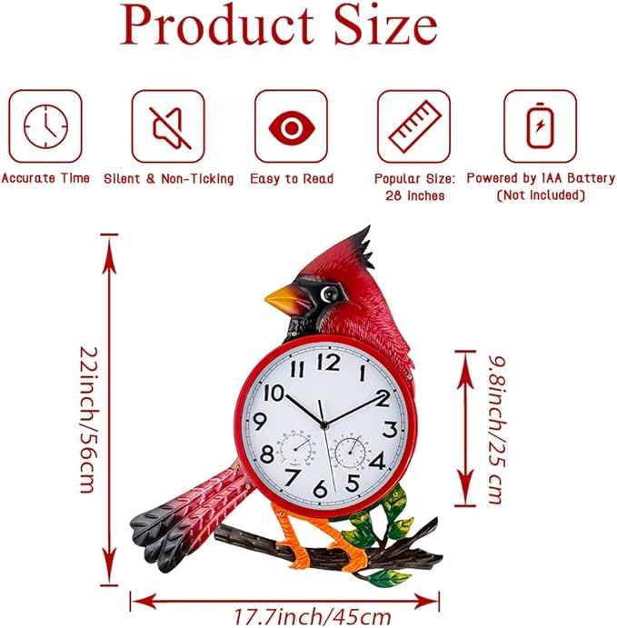 Large Outdoor Clock with Thermometer & Humidity - Silent Non-Ticking, Cardinal Outdoor Wall Clock for Patio, Garden, Kitchen, Living Room(Red)