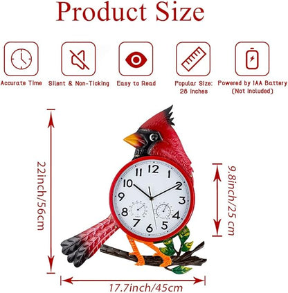 Large Outdoor Clock with Thermometer & Humidity - Silent Non-Ticking, Cardinal Outdoor Wall Clock for Patio, Garden, Kitchen, Living Room(Red)