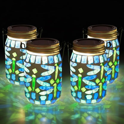 Starsoul 4 Pack Solar Hanging Lanterns Outdoor Waterproof, Mosaic Dragonfly Decor Glass Solar Outdoor Lights, Decorative Solar Lantern for Outside Pathway Patio Porch Yard Decor