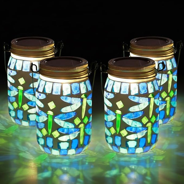 Starsoul 4 Pack Solar Hanging Lanterns Outdoor Waterproof, Mosaic Dragonfly Decor Glass Solar Outdoor Lights, Decorative Solar Lantern for Outside Pathway Patio Porch Yard Decor