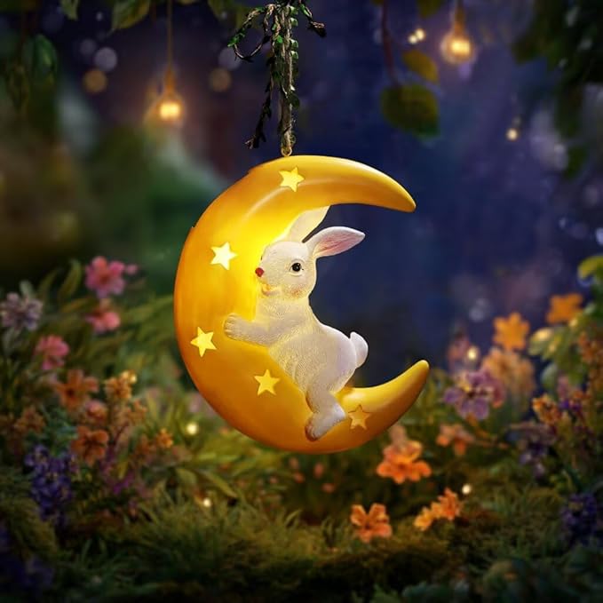 JoyBlooms Solar Garden Decor Bunny Garden Statue Solar Hanging Statue 9.36" L*7.8" W Outdoor Hanging Decorations for Patio Yard Gifts for Mom Grandma Housewarming-Hugging Bunny