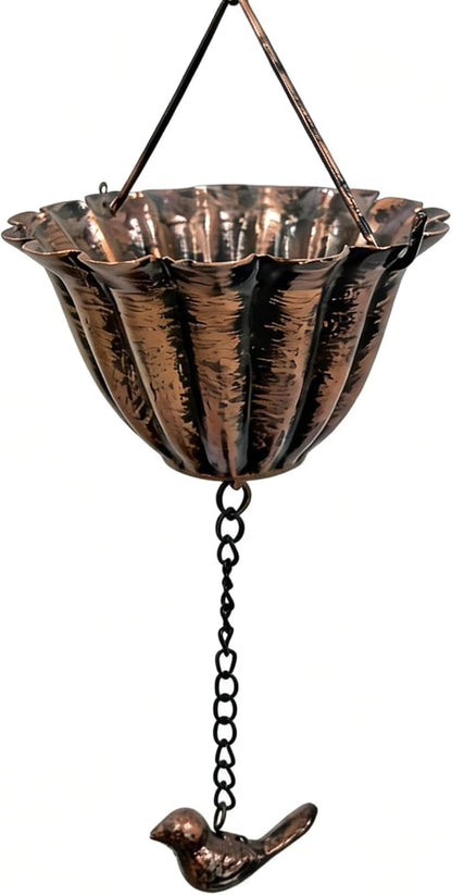 Decorative Rain Chain with Grooved Cups and Bird-Shaped Pendants, Brass-Finish, Outdoor Downspout Alternative (Brass)