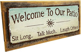 Homebody Accents - "Welcome to our patio" metal sign, framed outdoor 6x16 in rustic porch decor wall art, durable metal for outdoor patio decor, made in USA