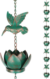 7.87ft Rain Chain for Gutters Downspouts Outside, Decorative Rain Chain with Hummingbird and Lotus Design, Adjustable Rains Catcher Chains with Bell for Eaves Drainage