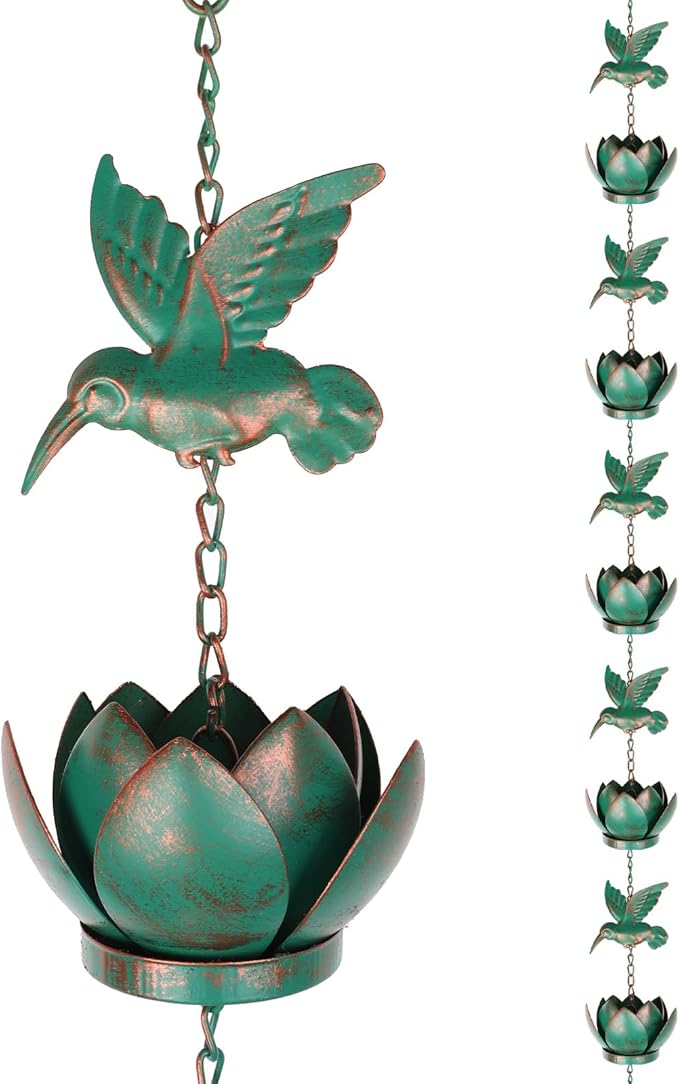 BigKing 7.87FT Lotus and Hummingbird Rain Chains for Gutters - Metal Rain Chains with 6 Cups, Rain Catcher Chain for Outside, Replacement Downspout for Gutters, Eaves, Drainage