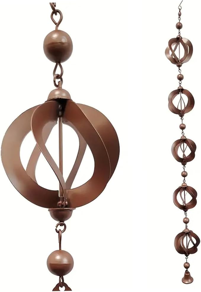 SamFansar 42.52 Inch Hanging Rain,Chain Rotating Fretwork Beads with Bell Rain Catcher for Gutters,Metal Drainage Rain Chain Pendant Downspout Tool for Outside, Decorative Your House and Garden Brown