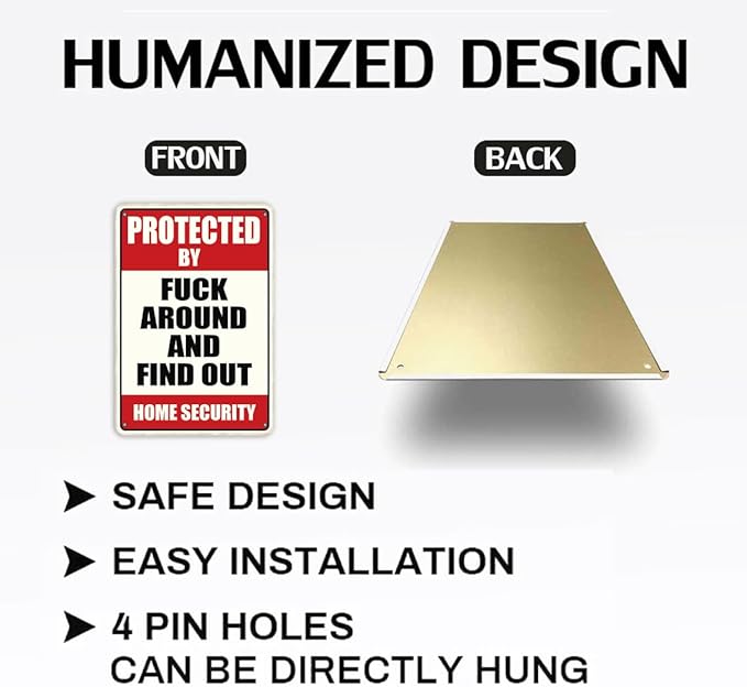 Protected By Fuck Around And Find Out Home Security 8 X 12 Inch Iron Retro Look Decoration Painting Sign for Home Farm Garden Garage Yard Patio Outdoor Farmhouse Funny Wall Decor