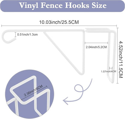 6 Pack Vinyl Fence Hooks, 5” x 10” Heavy Duty Fence Plant Hangers for Outdoor & Indoor, Over The Fence Hooks White Patio Hooks for Hanging Plants, Flower Baskets, Bird feeders, Lights, Pool Equipment