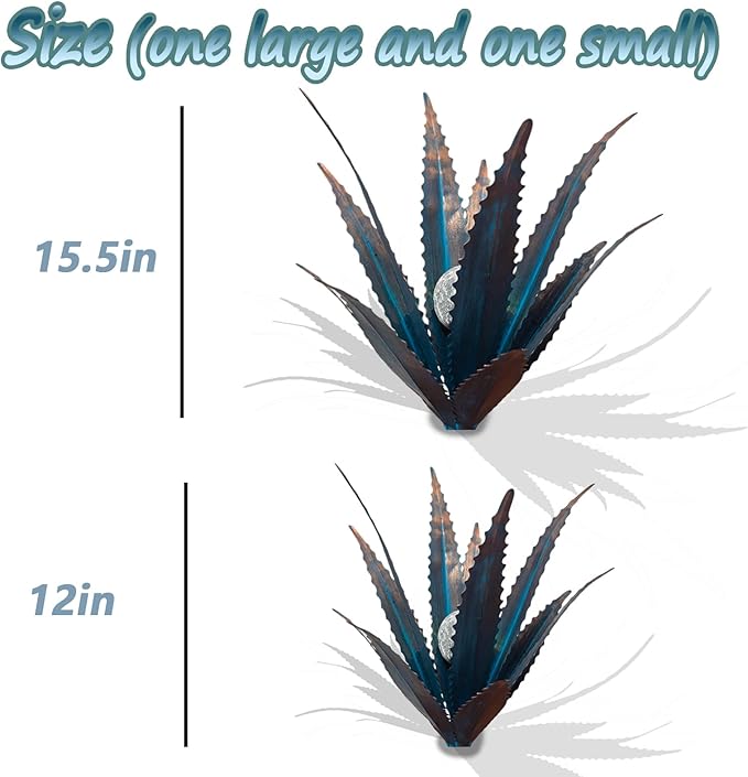 2 PCS Metal Agave Sculpture Decoration, Vintage Country Hand-Painted Sculpture DIY Metal Agave Plant, Home Garden Courtyard Lawn Outdoor Decoration (Serrated Blue)
