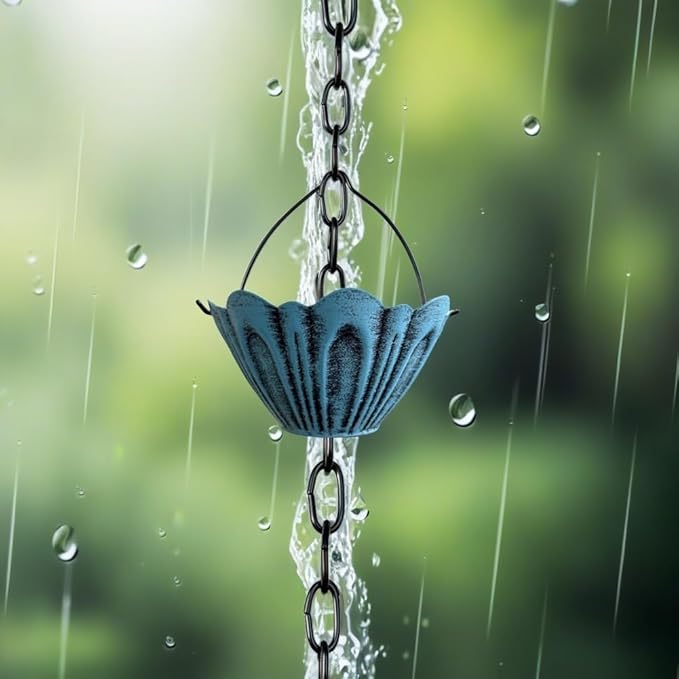 Rain Chain Gutter Downspout Catcher Outside Water Diverter Decorative Garden Rain Cups Chime Home Decor (Blue)