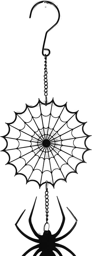 Ebros Gift Arachnid Spider Web Cobweb Black Coated Steel Metal Wall Hanging Wind Chime with Beads Home and Patio Decor Gothic Halloween Macabre Spiders Webs Mobile Noisemaker