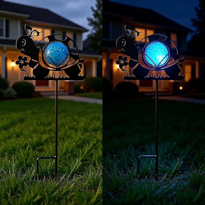 Turtle Solar Lights Outdoor Decorations, 2 Pack Metal Iron Solar Stake Lights for Yard, Garden, Lawn Decor