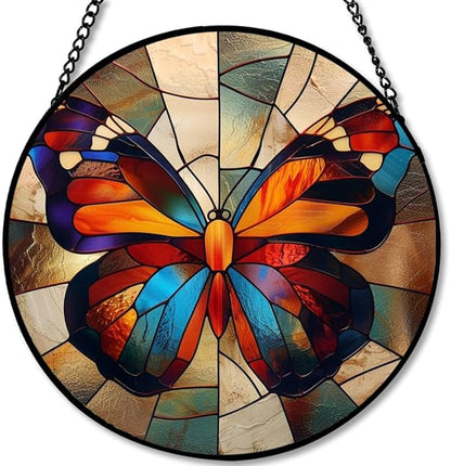 Stained Glass Window Hanging - Radiant Sun and Garden Scene Sun Catchers Indoor Stained Glass Panels Wall Decor for Mom Wife Lovers Festive 11.8in