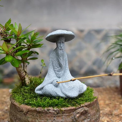 livelyfish Mini Fisherman Statue Asian Zen Decoration Sitting Fishing Figurines Sandstone Vintage Ornament for Aquarium Fish Tank Pot Garden Home Japanese Decor (B2)