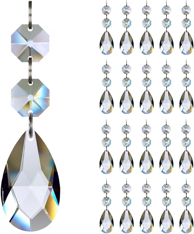 20pcs 38mm Teardrop Chandelier Crystals, Clear Crystal Chandelier Prisms Pendants Parts Connected Glass Octagon Beads Hanging Garland Decoration