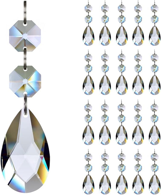 20pcs 38mm Teardrop Chandelier Crystals, Clear Crystal Chandelier Prisms Pendants Parts Connected Glass Octagon Beads Hanging Garland Decoration