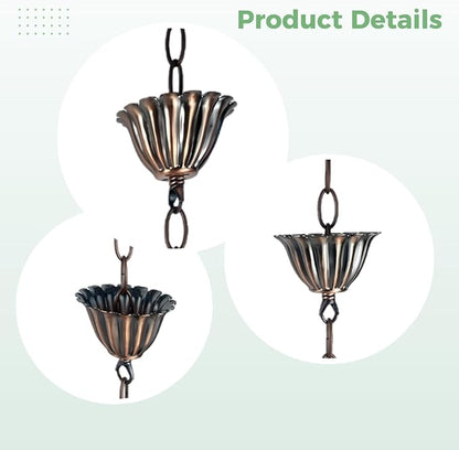 3.3 Ft Copper Alloy Rain Chain with Lotus Cups, Decorative Outdoor Gutter Chain for Gardens, Vintage Style for Outdoor Decor