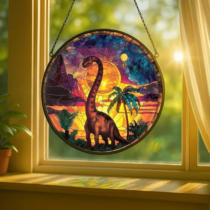 Stained Glass Window Hanging - Brachiosaurus with Sunset Palms Sun Catchers Indoor Stained Glass Panels Wall Decor for Mom,Wife,Lovers,Festive
