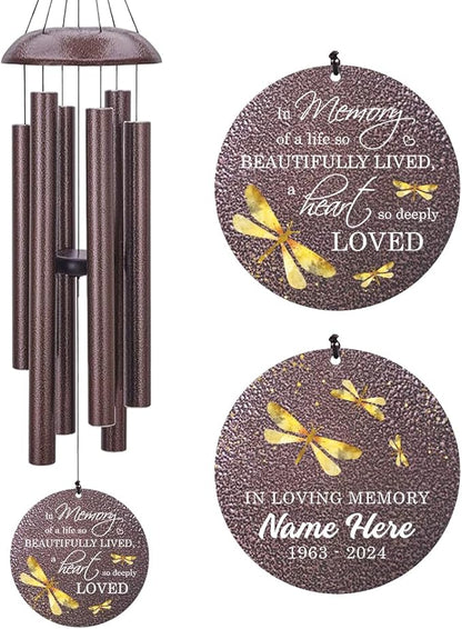 Sympathy Wind Chimes, Personalized Dragonfly Wind Chimes for Loss of Loved One, Commemorative Sympathy Gifts for Funeral, in Memory of Dad/Mom 36inch (Produced in USA)