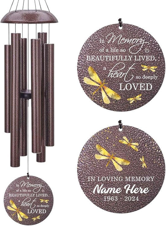 Sympathy Wind Chimes, Personalized Dragonfly Wind Chimes for Loss of Loved One, Commemorative Sympathy Gifts for Funeral, in Memory of Dad/Mom 36inch (Produced in USA)