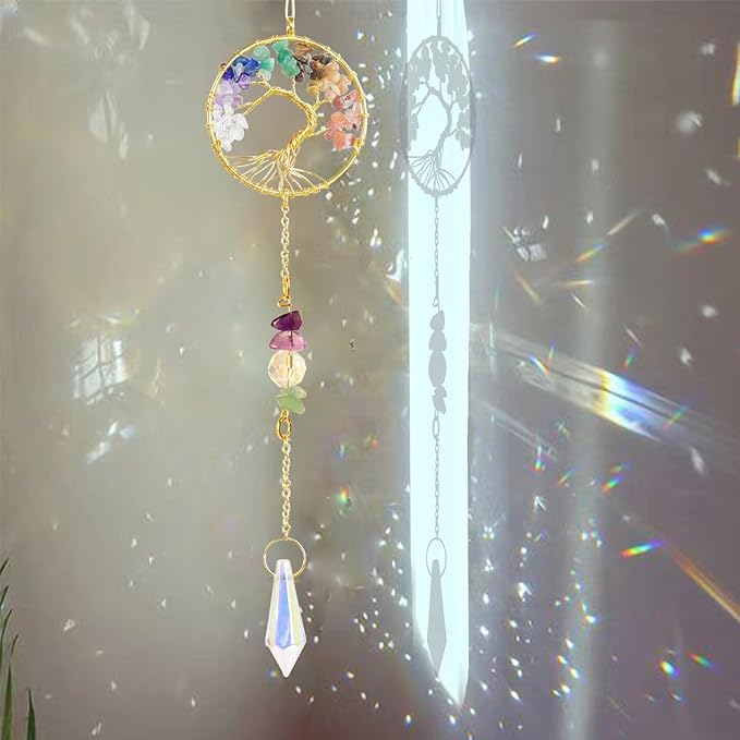 Handmade 7 Chakra Tree of Life Crystal Suncatcher, Sun Catcher Hanging for Car, Windows, Spiritual, Rainbow Maker, Butterfly Indoor Garden Home Decor