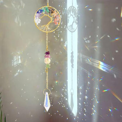 Handmade 7 Chakra Tree of Life Crystal Suncatcher, Sun Catcher Hanging for Car, Windows, Spiritual, Rainbow Maker, Butterfly Indoor Garden Home Decor