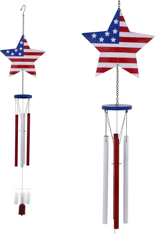 CoTa Global USA Flag Star Wind Chime - American Flag Patriotic Indoor or Outdoor Windchime Home Decor with Hanging Bells, Handcrafted Glass and Metal Wind Chimes for Yard, Garden, Porch – 37.7 Inch
