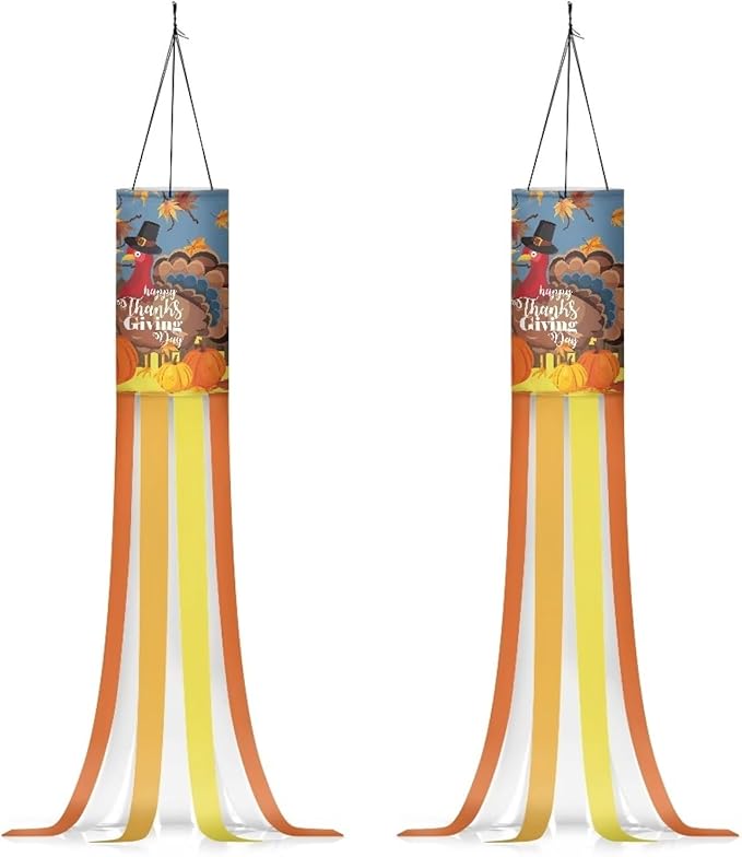 Maple Leaf Turkey Pumpkin Fence Windsocks Print Outdoor Hanging Decorations for Front Yard Patio Lawn Garden Party Autumn Thanksgiving Decor 2 Pieces