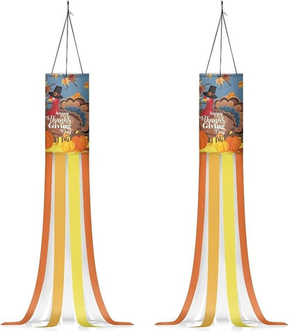 Maple Leaf Turkey Pumpkin Fence Windsocks Print Outdoor Hanging Decorations for Front Yard Patio Lawn Garden Party Autumn Thanksgiving Decor 2 Pieces
