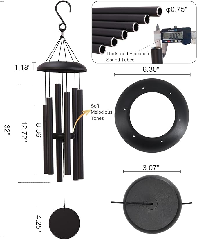 32" Outdoor Wind Chimes Deep Tone, Professionally Tuned C Major Aluminum Wind Chime with Gift Box & Envelope, Memorial Sympathy Wind Chime for Patio Garden Decor, Classic Round, Black