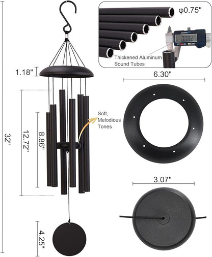 32" Outdoor Wind Chimes Deep Tone, Professionally Tuned C Major Aluminum Wind Chime with Gift Box & Envelope, Memorial Sympathy Wind Chime for Patio Garden Decor, Classic Round, Black
