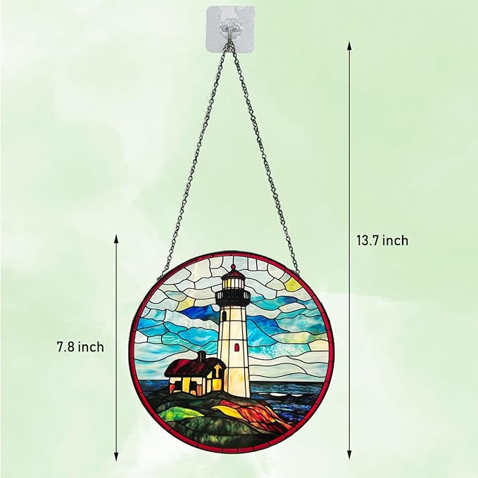 Ocean Lighthouse Stained Glass Window Hanging, 7.8" Hand-Painted Sun Catcher Glass Panel Wall Art Decor with Chain, Lighthouse Gifts for Women Mom Grandma, Outdoor Indoor Art Decor for Home Garden
