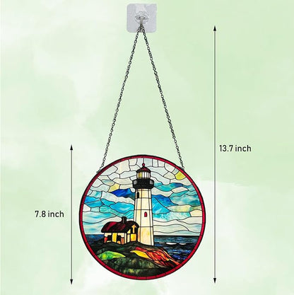 Ocean Lighthouse Stained Glass Window Hanging, 7.8" Hand-Painted Sun Catcher Glass Panel Wall Art Decor with Chain, Lighthouse Gifts for Women Mom Grandma, Outdoor Indoor Art Decor for Home Garden