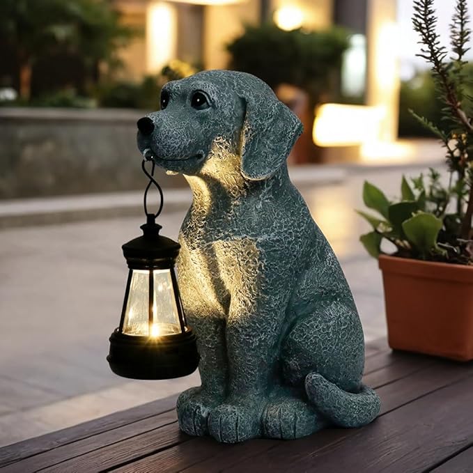 Solar Dog Garden Statues with Solar Lantern，Dog Figurines for Yard Patio Lawn Balcony Ornaments - Birthday Housewarming Garden Gifts for Mothers Day, Grandma