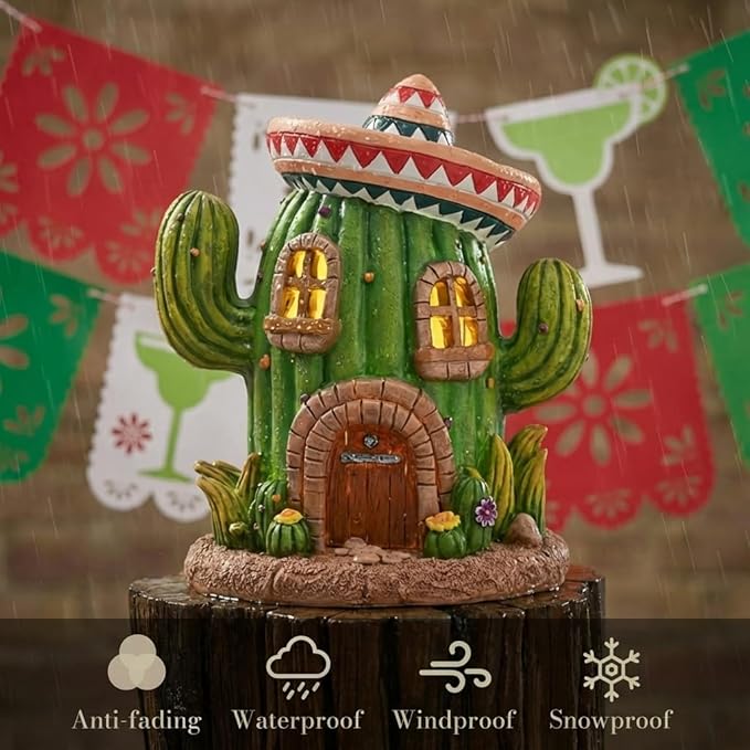 TERESA'S COLLECTIONS Garden Decor, Cactus Fairy House Cinco de Mayo Decor, Waterproof Resin Garden Statue, Cinco de Mayo Gift, Garden Gift, Indoor/Outdoor, 7.5"