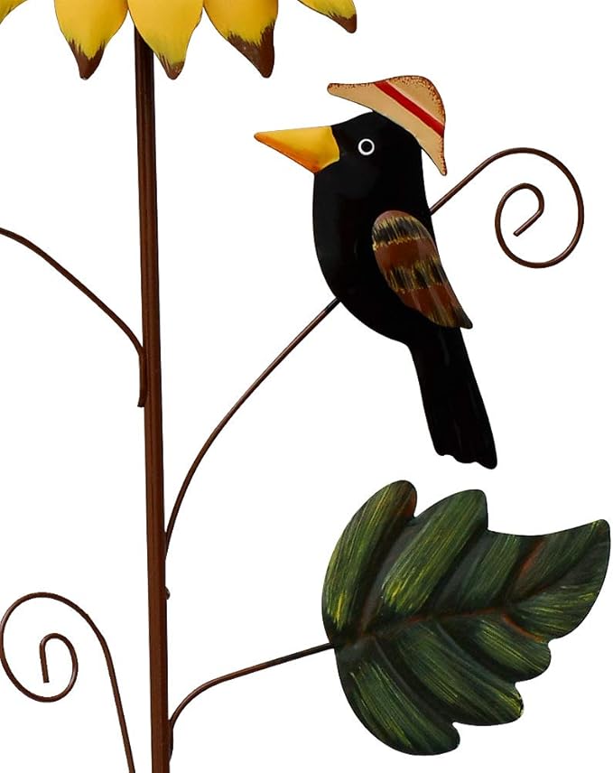33.5" H Sunflower Garden Stake with Black Crow Outdoor Yard Decor, Rustic Metal Yard Art Flower Stake for Outside Yard Lawn Patio Porch Pathway Decorations