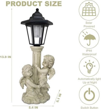 Angel Boy and Girl Statue with Solar Lantern, Outdoor Solar Angel Garden Statue with Roma Pillar for Garden Lawn Patio Yard Deocr, Mother's Day Birthday Gift