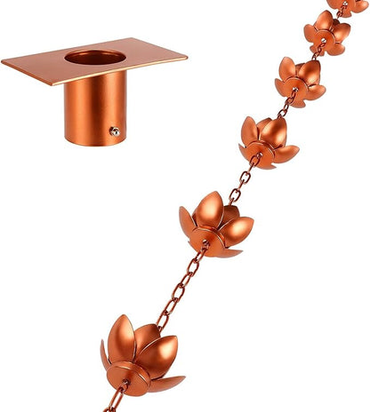 Oak Leaf Rain Chain with Adapter, 8.5ft Adjustable Lotus Rain Catcher Chain for Gutters Outside Downspout, for Divert Water and Home Display, Copper Powder Coated